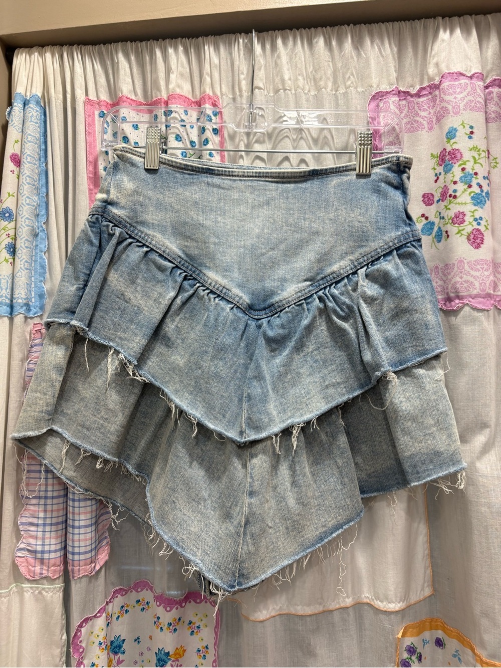 MOTHER Light Wash Denim Tiered V-Ruffle Mini Skirt